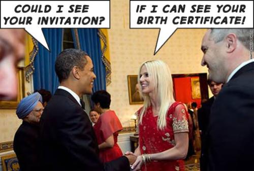 White House Crashers - The picture is sarcasm showing Obama asking the White House crashers to show their invitation while they are asking him to show his birth certificate.