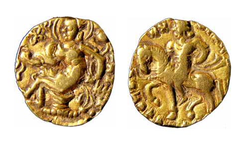 Coins of India - Kumaragupta I, Gold, Stater, Horseman type, king mounted on a horse to left on obv ; Goddess Lakshmi seated to left with a lotus in left hand on rev