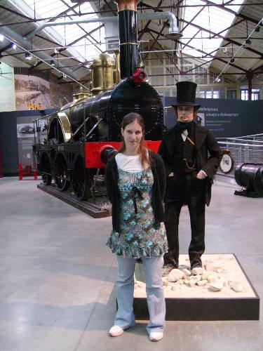 My girlfriend and mister Bristol - Well Mister Bristol was the architect for the first train tunnel ever. You can see a clay statue of him and a real sized steam engine model in the background.