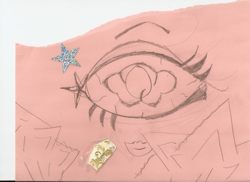 Eye, Floating, on Pink Paper - This is a picture of an eye floating. And it is a pencil drawing done on pink paper. There is a sparkly star. Superimposed as well as another thing. This is what makes it interesting and breaks up the usual. I think it is a pretty picture because it is sweet. And also turning in respects to fun.