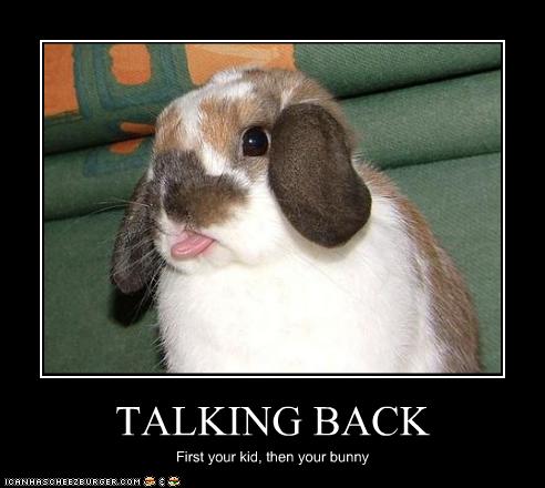Bunny sticks its tongue out at you - TALKING BACK First your kid, then your bunny.  From icanhascheezburger.com