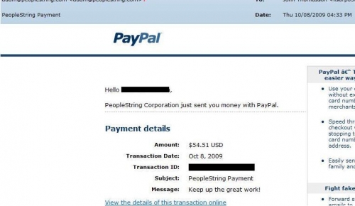 proof of peoplestring payment - picture of paypal payment with peoplestring