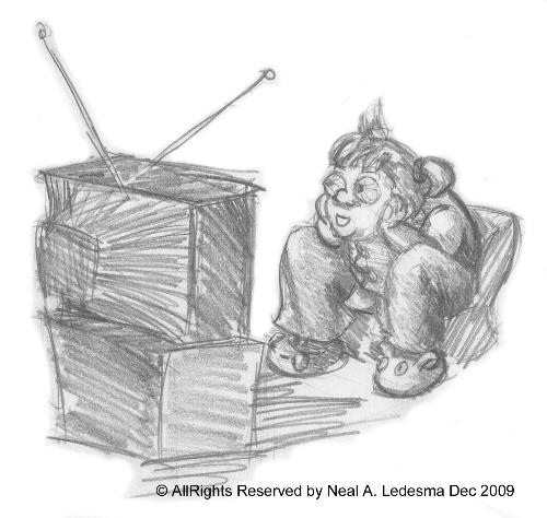 Child on too much TV - One day I realized that my child had been on the TV for a long time. Since I was making another sketch nearby, I decided make a cartoon of her. --- from my sketchbook.
