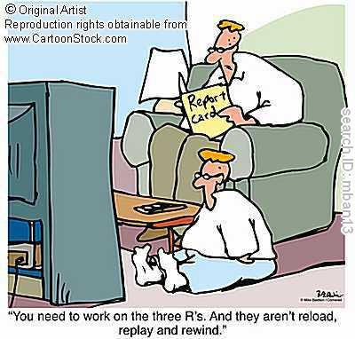 Three R's of TV - A boy watching tv as his father checks out his report card.
