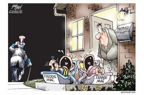 Freddie Mac and Fannie Mae As Crying Babies - Freddie Mac and Fannie Mae as babies crying on taxpayers' doorstep.