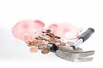 Broken piggy bank - piggy bank broken and money lying outside
