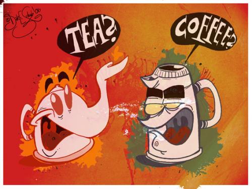 tea or coffee? - this is a cartoonish image showing a bried description of coffee agains tea.