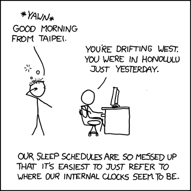 Sleep schedules - Messed up sleep schedules.
By http://xkcd.com/448/
