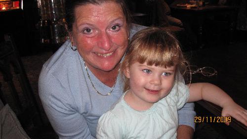 With my granddaughter, Chloe - This was taken at a surprise family lunch in England just before we returned to Spain. Isn't Chloe gorgeous? I don't think Nanny scrubs up too badly, either!