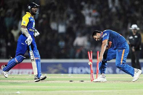 Run out - Sangakara run out by Jahir Khan .