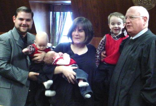 The Adoption Ceremony for Malachi - My son Jon and his wife Jen have adopted a little boy. They named him Malachi. From the left are Jon, Malachi, Keaton, Jen, Liam and Judge Henriksen of Delaware Family Court, Georgetown Delaware.