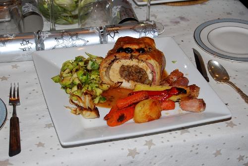 Stuffed Chicken Breast en Croute - Cranberry and Pecan stuffed Chicken Breast en Croute with Roast Vegetables and Stir-Fried Brussels Sprouts and Chestnuts and a Red Currant and Port Wine jus.