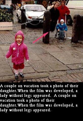 ghost - A couple took a photograph of their child but a women without legs is standing behind that child. It can be seen in photo