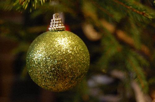 Christmas Tree decoration - Green glitter bauble on Christmas tree