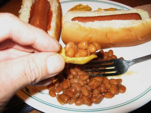 Summer meal in winter - Baked beans, hot dogs, and Frito Chips.