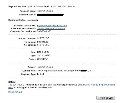 TrekPay Payment Proof - This was my last payment from TrekPay.