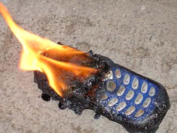 cell phone catches fire. - We can see in the picture that the cell phone has caught fire. This is possible when it is charged by high voltage supply or if in case of adapter failure.