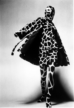 giraffe suit - a model in a giraffe-pattern designer outfit