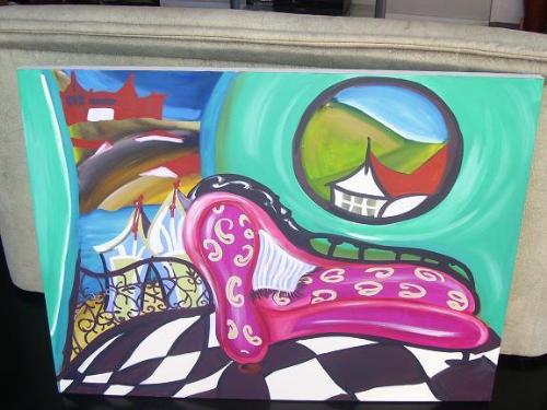 Bright interior painting by Marilyn beaucariche - Intense and bold colours, by this innovative funky artist.