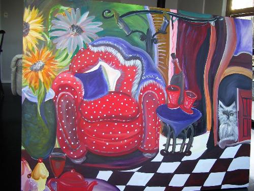 Room with a Cat - Picture is vibrant by new Zealand Artist Marilyn Beaucariche