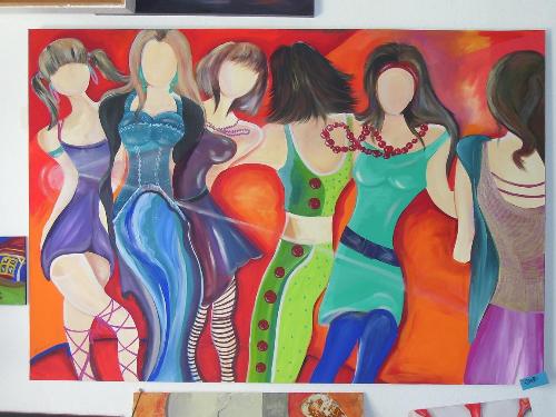 More dancing girls - Another of Maarilyn Beaucariches funky, innovative and Bold paintings, this Artist is not afraid to use colour, adding cheer and magic to a Room.