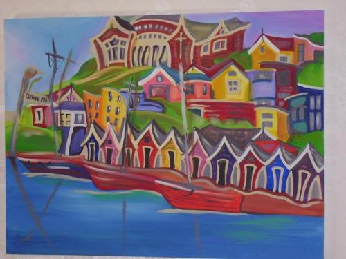 Painting of Oriental Parade Wellington New Zealand - By Marilyn Beaucariche. This bold exciting and bright painting depicts the old Monastery on the Hill overlooking Wellington (New Zealand's Capital Cities) Marine Parade. One of New Zealand most colourful characters Tim Shadbolt, was said to have lived in one of the Boathouses, during his Student Days.