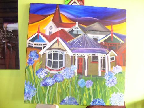 agathapanthas and Villas - Villas by New Zealand Artist maril;yn Beaucariche a Top Quality painting, in bold Acrylic Colours, this is the type of work done by Marilyn as well as her abstract work which is far more muted.