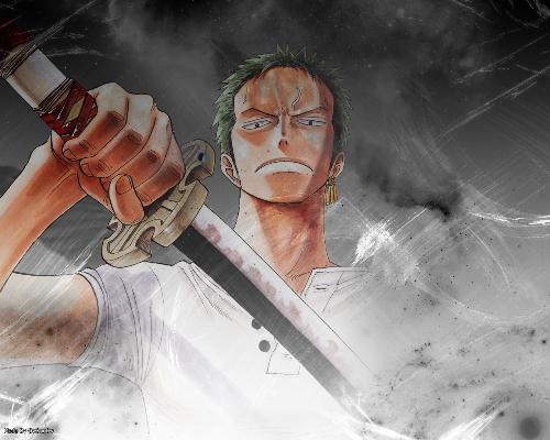 Roronoa zoro - green hair, carries three swords, pirate hunter, one of the strongest in the Straw hat crew