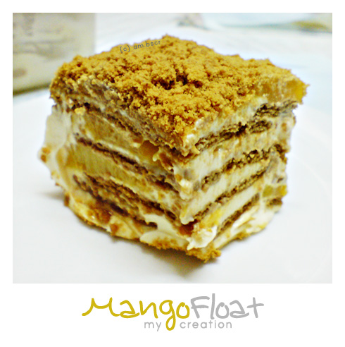 mango float (my creation) - This is a photo of the dessert called 'mango float'. I made this dessert for my dad on his birthday. for me this is easier to make than a huge perfect birthday cake haha! (and i don't how to bake one :P) This dessert contained graham crackers, mixture of all purpose cream and condensed milk, and of course.. mangoes! it's easy to make because you just have to chill it for few hours then it's ready! My dad loved it (and he should :P). I also make this for my other relatives as a gift. btw I used my sony ericsson camera phone to take the picture of one slice of 'my creation'.