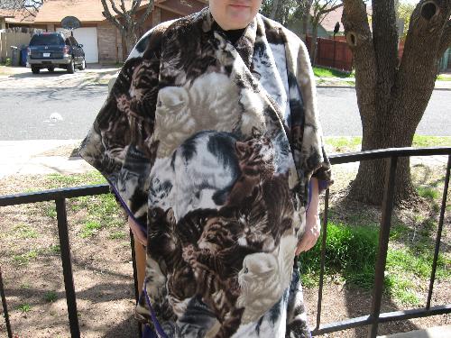The roomie in her shawl - It has a purple on the inside, but you can't tell from this picture