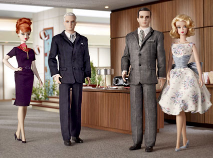 mad men dolls - two girls and two guys from the Mad Men series in barbie-form