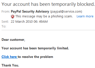 Paypal Security Advisory - An email sent by Paypal Security Advisory informing that paypal account has been limited. However, the email address used is not @paypal.com and the link provided is not directed to paypal.com. A possible scam attempt.