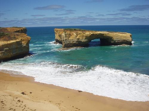 London Bridge - This rock formation along the Great Ocean Road in Victria, Australia is known as 'London Bridge.'  And just like the nursery rhyme, it too collapsed a few years back, creating the gap that you can now see. There is also a new bridge that is forming now closer to the point which will also collapse in time.