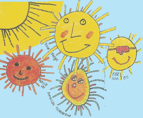 sun, lots of suns, happy sunny day - lots of suns that has been drawn by children, happy, sunny day