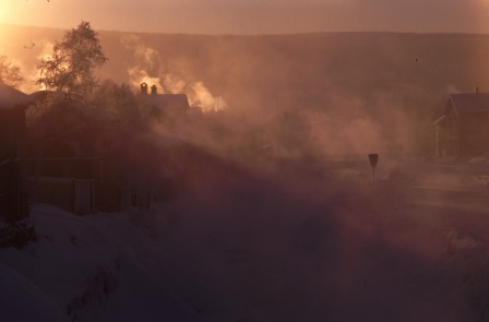 Norwegian city/village in winter - Norwegian winter at Røros, used to be a mining community some hundred years ago. The frosty fog is from the river, it hadn't frozen yet and it was -25 degrees.