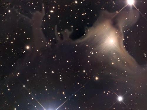 image - The dark nebula SH2-136 appears to be celebrating Halloween all of the time. The complex process of star formation create dust clouds of many shapes and sizes -- it is human perception that might identify a ghoulish creature, on the right of the above image, chasing humans. Halloween's modern celebration retains historic roots in dressing to scare away the spirits of the dead. Since the fifth century BC, Halloween has been celebrated as a cross-quarter day, a day halfway between an equinox (equal day / equal night) and a solstice (minimum day / maximum night in the northern hemisphere). With our modern calendar, however, the real cross-quarter day will occur next week. Other cross-quarter markers include Groundhog Day and Walpurgis Night.