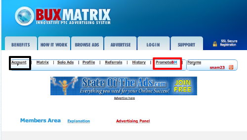 bux-matrix - account info and referral banners