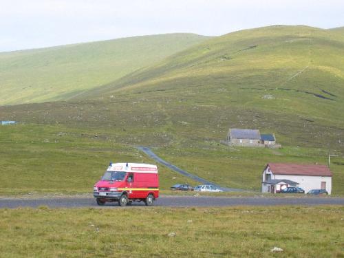 Firemen on Foula - Every day before the plane comes, the firemen drive up and down the airstrip to make sure it's free of sheep, gulls and bonxies Firemen on Foula - Every day before the plane comes, the firemen drive up and down the airstrip to make sure it's free of sheep, gulls and bonxies