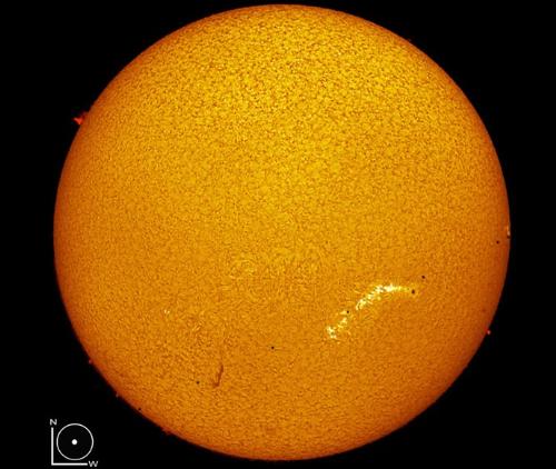 Mercury - Mercury, the solar system's innermost planet, will spend about five hours crossing in front of the Sun today - beginning at 1912 UT (2:12pm EST), November 8. Specially equipped telescopes are highly recommended to safely spot the planet's diminutive silhouette however, as Mercury should appear about 200 times smaller than the enormous solar disk. This simulated view is based on a filtered solar image recorded on November 3rd. It shows active regions and the Mercury transit across the Sun at six positions from lower left to middle right. Depending on your location, the Sun may not be above the horizon during the entire transit, but webcasts of the event are planned - including one using images from the sun-staring SOHO spacecraft. This is the second of 14 transits of Mercury during the 21st century. The next similar event will be a transit of Venus in June of 2012.