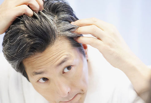 Gray Hair.  - A picture of a man noticing that a few of his hairs had turned gray.