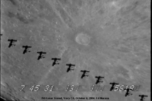 Full Moon Crossing  - On October 6th, a nearly full perigee Moon shone in Earth's night sky. The bright moonlight, accurate planning, and proper equipment resulted in this amazing composite featuring sharp silhouettes of the International Space Station (ISS) as it rapidly crossed (right to left) in front of the lunar disk. The picture was constructed using six video frames recorded from a site just outside Tracy, California, USA. Sporting newly deployed solar arrays, the ISS was at a range of about 260 miles from the telescope/video camera setup. In the background, about a thousand times more distant than the ISS, lies bright lunar ray crater Tycho.