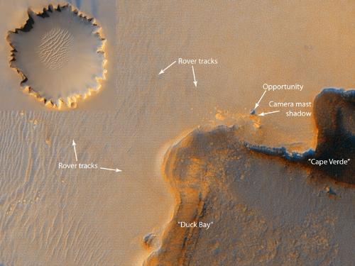 Mars Rover at Victoria Crater Imaged from Orbit  - An unusual spot has been found on Mars that scientists believe is not natural in origin. The spot appears mobile and is now hypothesized to be a robot created by an intelligent species alien to Mars. In fact, the spot appears to be NASA's robotic Opportunity rover currently rolling across Mars. The ability to see the Martian rover from orbit has recently been demonstrated by the High Resolution Imaging Science Experiment on NASA's Mars Reconnaissance Orbiter (MRO). The new spacecraft achieved orbit around Mars in 2006 March. Last week, MRO imaged the location of Victoria Crater and the rover Opportunity that had just arrived there. In the above image at spectacularly high resolution, objects about one meter in size are resolved, and this includes the rolling rover. Such images may help scientists better determine if any safe path exists for Opportunity to enter large crater. In the inset image on the upper left, the whole of Victoria Crater was also imaged by MRO.
