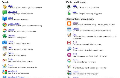google services - This is a screenshot from google services. To reach to this list go to google search engine and click 'more' and then 'even more' from the top of the page.