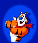 Toni the tiger - Toni the Tiger, catchphrase, 'there grrreeattt'. Adevertising logo for frosties, Kelloggs breakfast cereal. Cornflakes with a sugar coating.