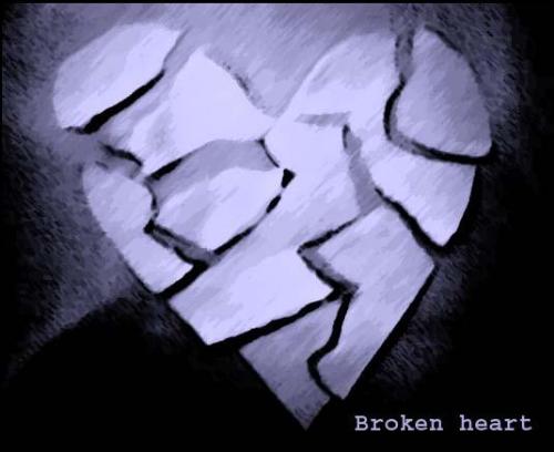 broken heart - A drawing of a heart broken into pieces. Greyscale. 