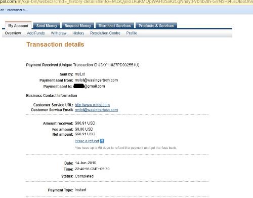 MyLot Payment Proof - My First ever Payment from myLot.  Thank you, admin