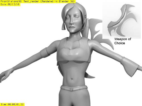 4th test render (Project Blood) - My 4th test render from 'Project Blood'.  I've modeled a top on her and some extra accessories on both her arms. Since in the animation short I'm planning she will be fighting a lot, I didn't add any other cloth modifier on her except the one on her left forearm. I think it'll be hard to animate if she has a lot of cloth on her, not to mention it could eat a lot of RAM.