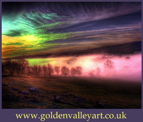 Purple Graze - Sheep under a colourful sky with mist pushing up the hill from the brook.