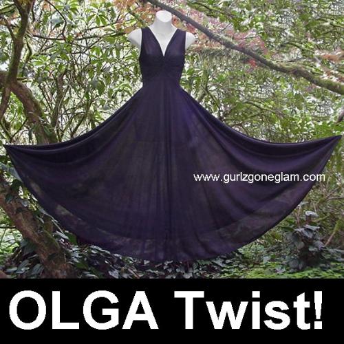 Twist Olga Nightgown Black Bodysilk - This is an exciting find for me! It appears to be one of Olga's first (if not the first) twist style bodice gowns! Old double cloth tag, low style number, longer bodice and different in the back than any I've ever seen, and it's even from her oldest Bodysilk line! Super pretty and a huge sweeping nylon skirt! All of the best Olga features wrapped up into one glamorous gown!