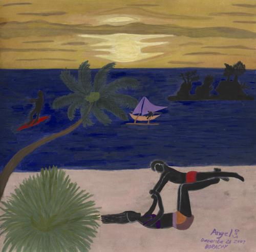 Boracay  - This was the idea from Jacob Lawrence so that kind of painting is actually made from gouache. This was not the whole image as one, I just collaborated the pictures to form in one. I even put this inside the starbucks tumbler wherein you can put your own images as your personal belonging.